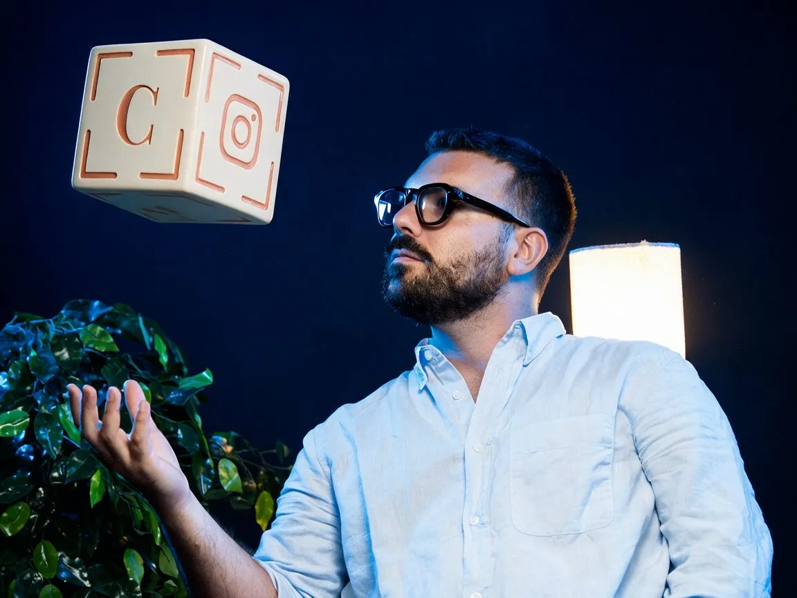 Giorgio, founder di ColLab Digital, osserva un cubo con il logo ColLab e le icone dei social